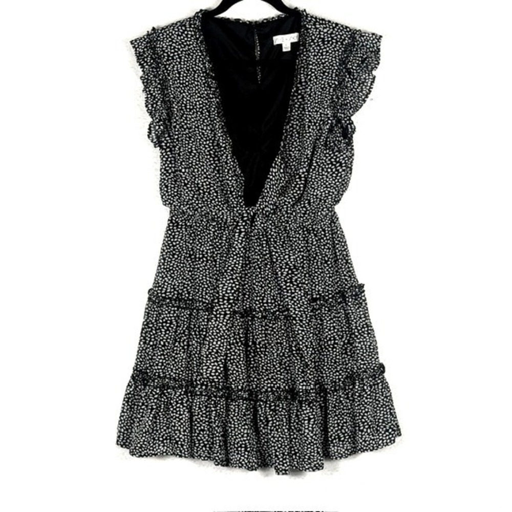 She + Sky Black White Petal Print Tiered Ruffle Mini Dress SS7051 Womens Large - Picture 1 of 8